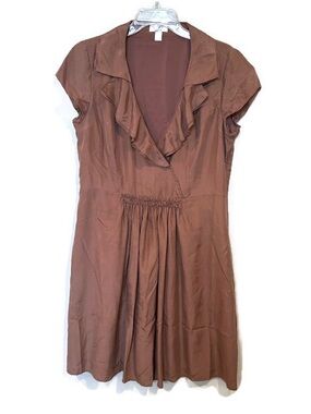 Ann Taylor Loft Silk Brown Mocha Ruffle V-Neck Dress Size 12